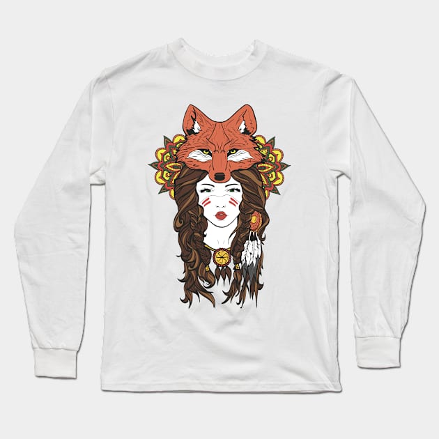 girl and fox colored design Long Sleeve T-Shirt by TOTEM clothing